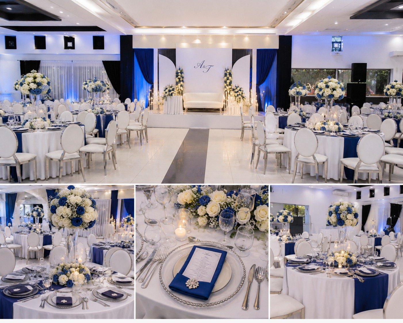 Blue, green and white themed indoor wedding